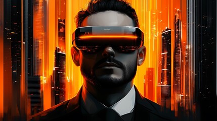 Professional in business attire wearing VR glasses, facing forward with a determined look, cityscape behind illuminated with vibrant, futuristic lights in blue and gold, representing ambition,