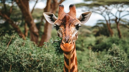 Obraz premium A Close-Up of a Giraffe's Face with Leaves in its Mouth