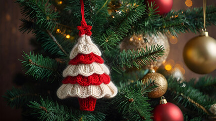 Fototapeta premium New Year card. Knitted Christmas multicolored Christmas tree on the branches of a fir tree. Knitting, crafts, handmade jewelry.