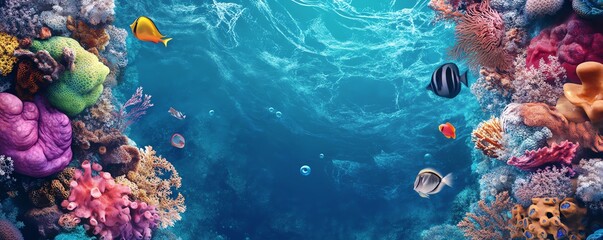 Aerial view of vibrant underwater worlds blending with abstract psychological concepts, colors swirling harmoniously, intriguing shapes emerging