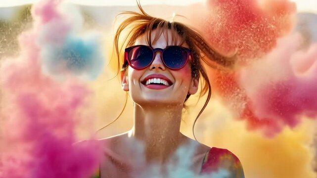 A woman smiles brightly as she is covered in colorful powder during a Holi festival