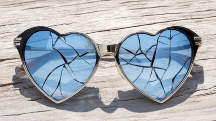 Heart-shaped sunglasses lie shattered on a rustic wooden surface, reflecting the blue sky above on a sunny day