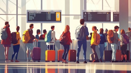Crowd of People with Backpacks and Suitcases Lining Up at Airport Check-In Counter