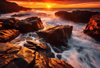 Fototapeta premium breathtaking scene waves powerfully crashing rugged rocky shores highlighting dynamic landscape, beach, ocean, water, cliff, foam, scenery, saltwater