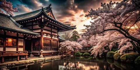 Fototapeta premium Serene Japanese Spa Experience Surrounded by Cherry Blossoms and Tall Trees