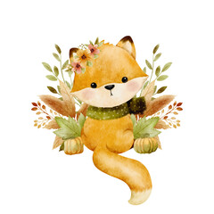 Cute cartoon watercolor forest animal. Hand painted fox sitting on fall leaves illustrations perfect for print and card making vector