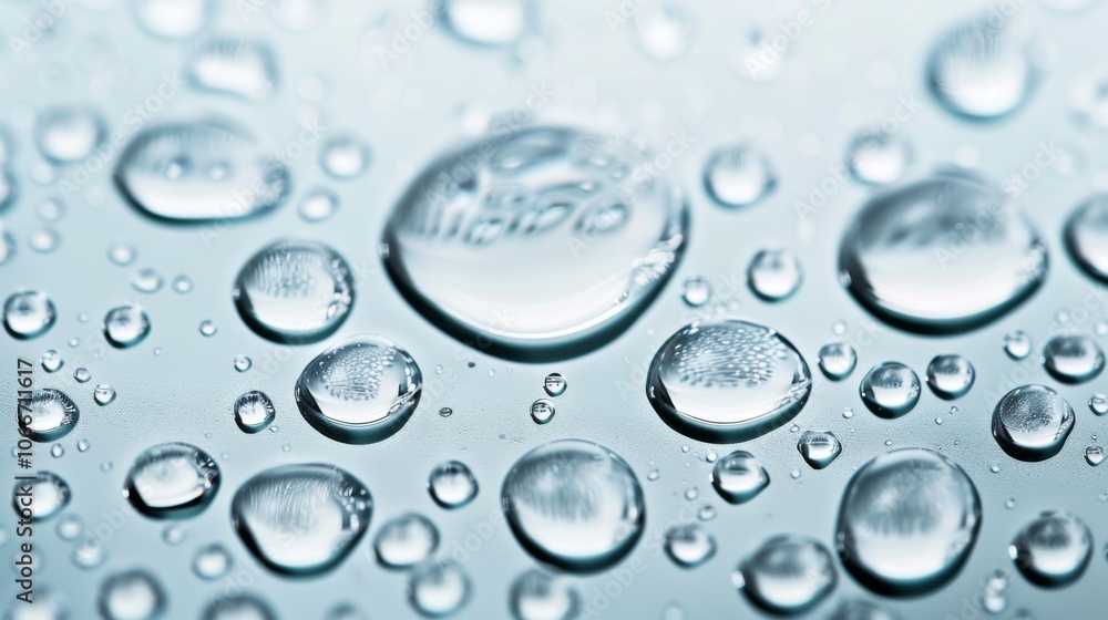 Poster reflective water droplets create a fresh and clean abstract design against a soft blue gradient back