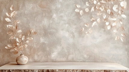 Empty table against beige textured wall background. Composition with glossy leaves on the wall.