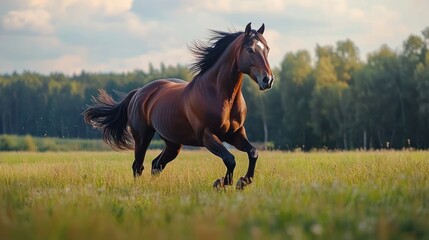 A Bay Horse Running Through a Field of Grass