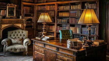 Fototapeta premium A cozy library with a fireplace, a large desk, two armchairs, and bookshelves full of books.