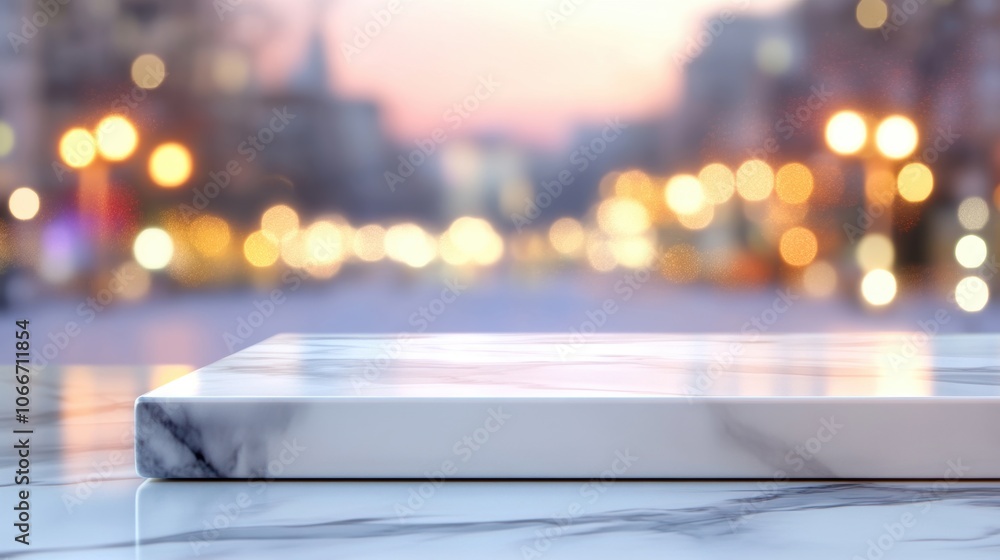 Poster a marble table stands elegantly as soft bokeh lights twinkle in the background during the enchanting