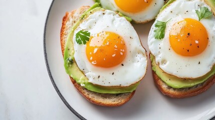 A vibrant breakfast is prepared with creamy avocado spread and sunny-side-up eggs on crispy toasted bread, perfect for a nutritious start