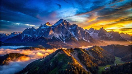 Naklejka premium Serene Mountain Outlines in Low Light Photography - Tranquil Landscapes, Night Skies, Peaceful Wilderness, Nature's Beauty, Mountain Silhouettes, Calm Reflection, Scenic Views, Minimalist Aesthetics