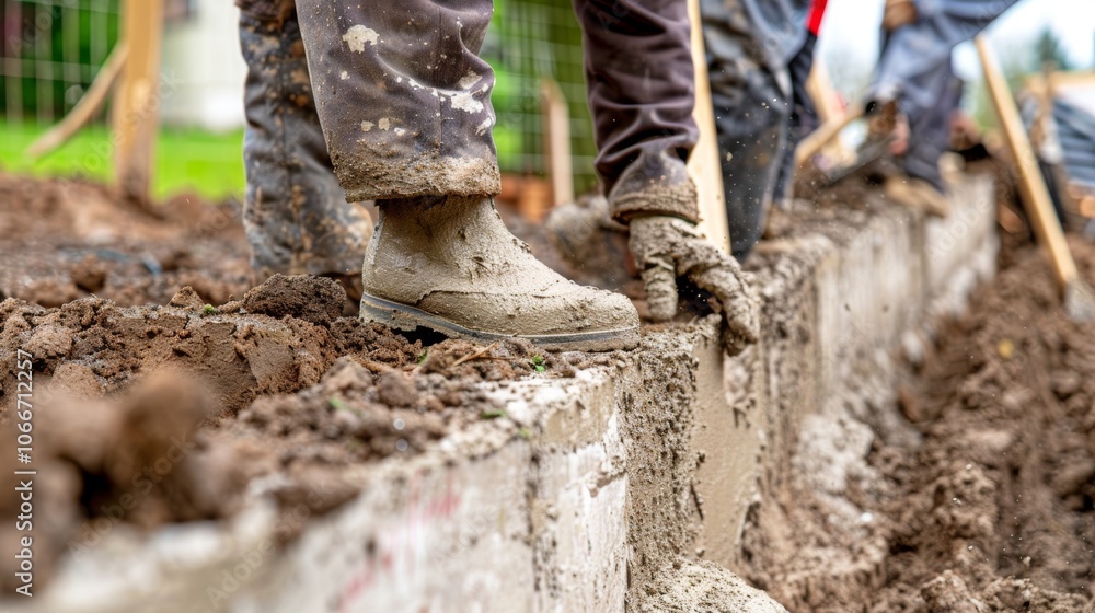Poster a team of workers carefully compacting and leveling the soil behind the wall to create a stable base