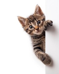 Obraz premium Happy Cat On White. Cute Kitten Peeking from Behind a Banner, Waving Paw. Joyful and Funny Pet
