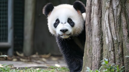 Obraz premium A curious panda peeks out from behind a tree trunk, looking directly at the camera with a playful expression.
