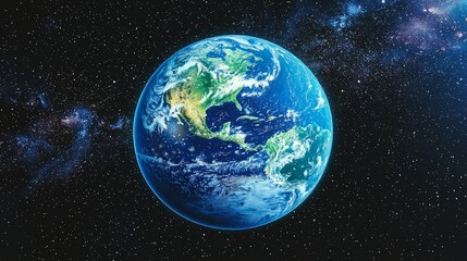 Obraz premium A detailed view of planet Earth, showcasing continents, oceans, and clouds, set against a backdrop of a vast starry sky.