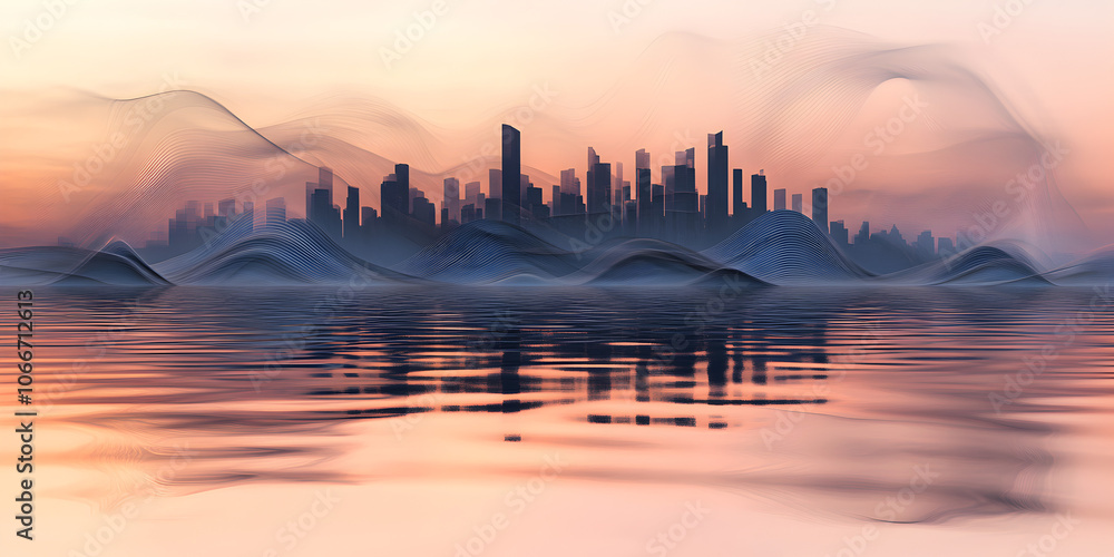 Poster City in the Mist: A surreal cityscape emerges from a tranquil body of water, shrouded in ethereal mist at sunset.  The scene evokes a sense of mystery and tranquility. 