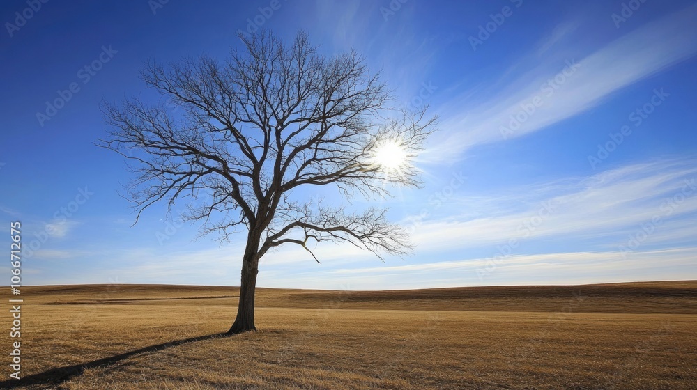 Aufkleber a lone tree casts a long shadow in a serene open field, illuminated by the warm glow of the setting 