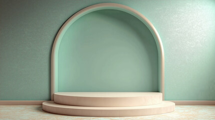 A minimalistic empty podium in warm pastel mint set against a textured wall for showcasing products or art displays in a modern space