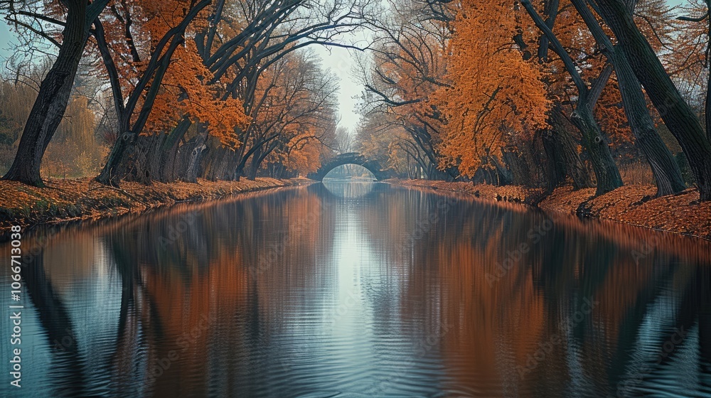 Poster a classic line of trees by the river in autumn, curved branches reached towards the surface of water