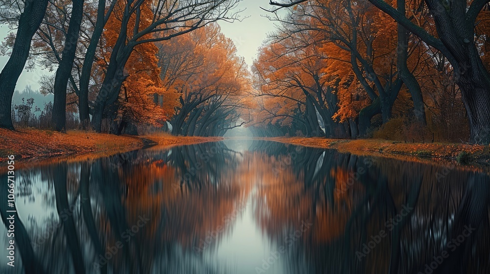 Poster a classic line of trees by the river in autumn, curved branches reached towards the surface of water