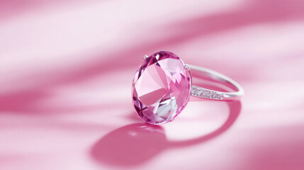 An elegant silver ring set with a large, faceted pink gemstone, accompanied by smaller diamonds, displayed on a striking pink background highlighting its vibrancy.