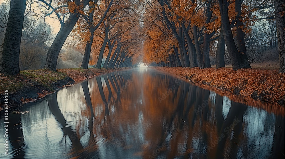 Poster a classic line of trees by the river in autumn, curved branches reached towards the surface of water