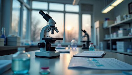 Close-Up of Laboratory Microscope at Sunset