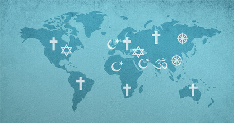 World religion day, world map with symbols of different religious belief, Christianity, Islam, Hinduism, Buddhism, Judaism faith, worldwide celebration