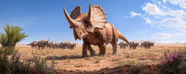 Fototapeta premium Triceratops herd in prehistoric landscape
