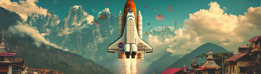Naklejka premium Frontal view of a space shuttle adorned with ancient symbols, floating above a traditional village, merging cultures, vivid colors