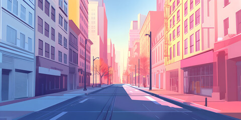 Fototapeta premium Urban Dreamscape: A vibrant and colorful illustration of a city street, bathed in soft, warm light. The perspective leads the eye down the empty street.