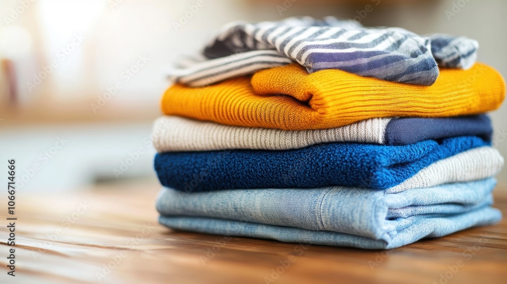 Poster a stack of neatly folded clothes in different shades placed on a wooden table, highlighting a tidy a