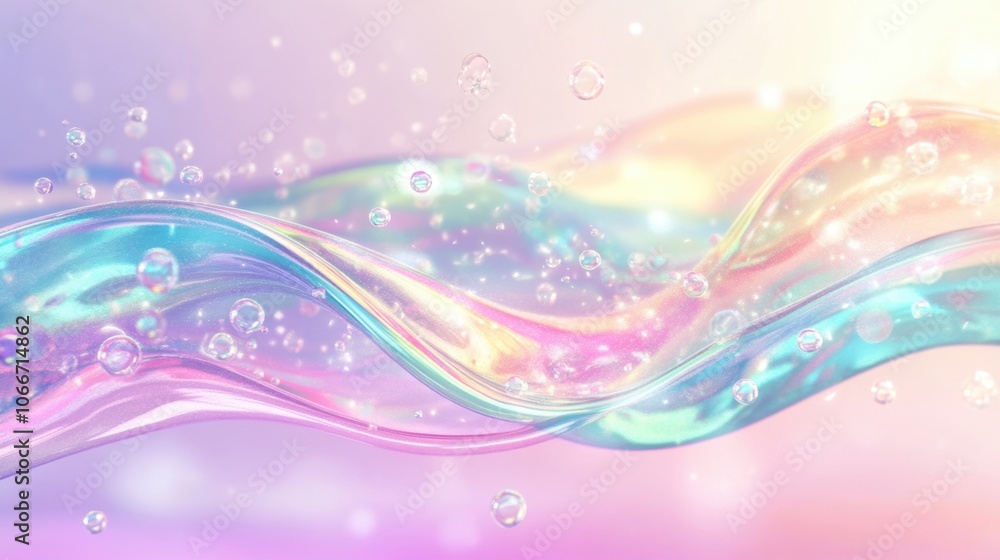 Poster fluid waves in iridescent hues flow smoothly while bubbles rise, creating an enchanting visual in so