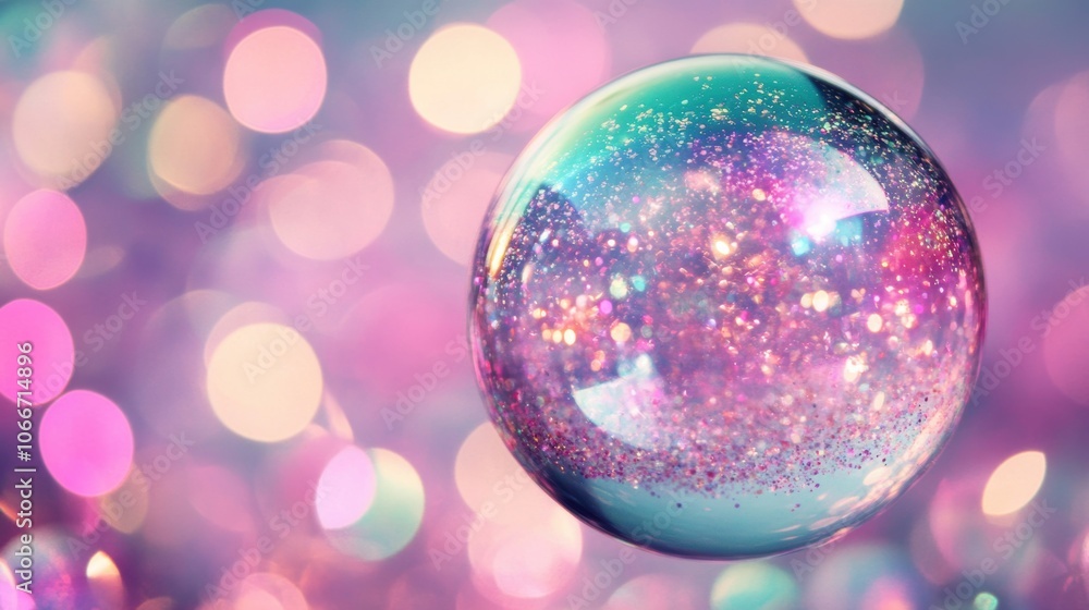 Aufkleber a beautiful iridescent bubble floats gently, capturing sparkling particles and reflecting colors in 