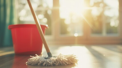 A mop and red bucket sit ready in a sunlit room, reflecting a serene atmosphere for a cleaning session