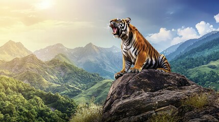 A majestic tiger roars on a rocky outcrop, overlooking a verdant valley.