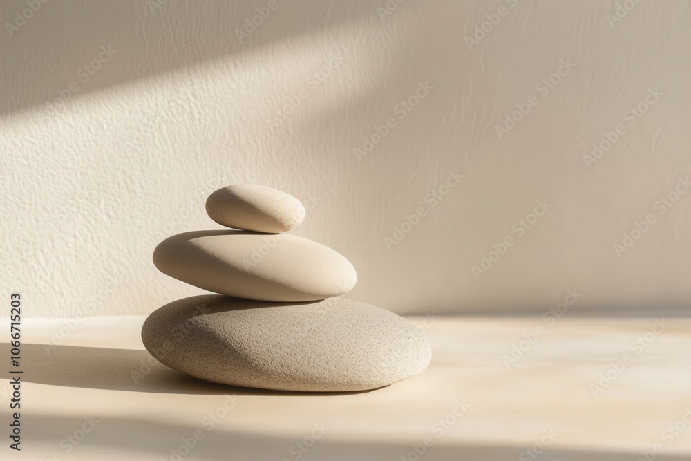 Poster three organic pebble-like shapes are balancing on each other, creating a serene and minimalist compo