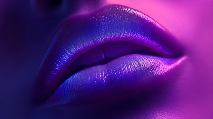 Close-up of lips in bright neon violet, matte finish with a velvety texture, lit with soft studio lighting to highlight the intense, vibrant color and smoothness, high-resolution, artistic and modern,