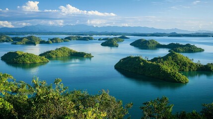 A panoramic view of a beautiful archipelago with numerous islands covered in lush greenery, surrounded by crystal clear turquoise waters.