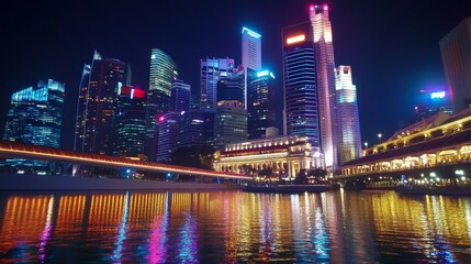 Fototapeta premium Vibrant City Skyline at Night with Reflections