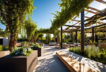 Obraz premium innovative outdoor designs featuring lush green spaces vibrant landscapes modern urban environments, backyard, garden, park, greenery, horticulture