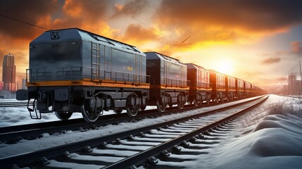Obraz premium Heavy freight train traveling on snowy tracks at sunset, showcasing industrial power and serenity