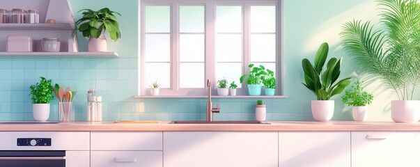 Bright kitchen interior with open shelving and modern appliances, creating a welcoming and airy atmosphere.