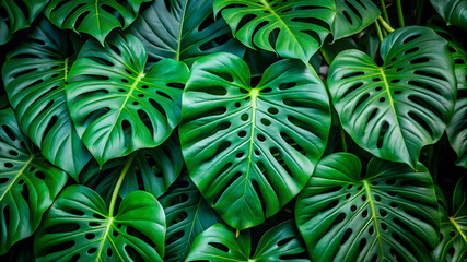 A lush arrangement of deep green monstera leaves, showcasing their iconic splits and perforations, creating a vibrant tropical aesthetic.