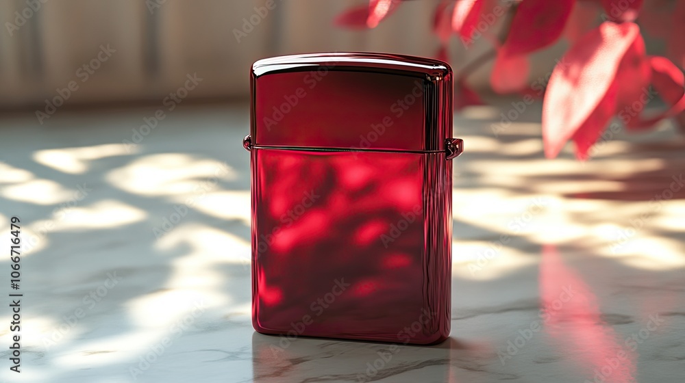 Poster a shiny red lighter sits on a marble surface with soft light reflecting off of it.