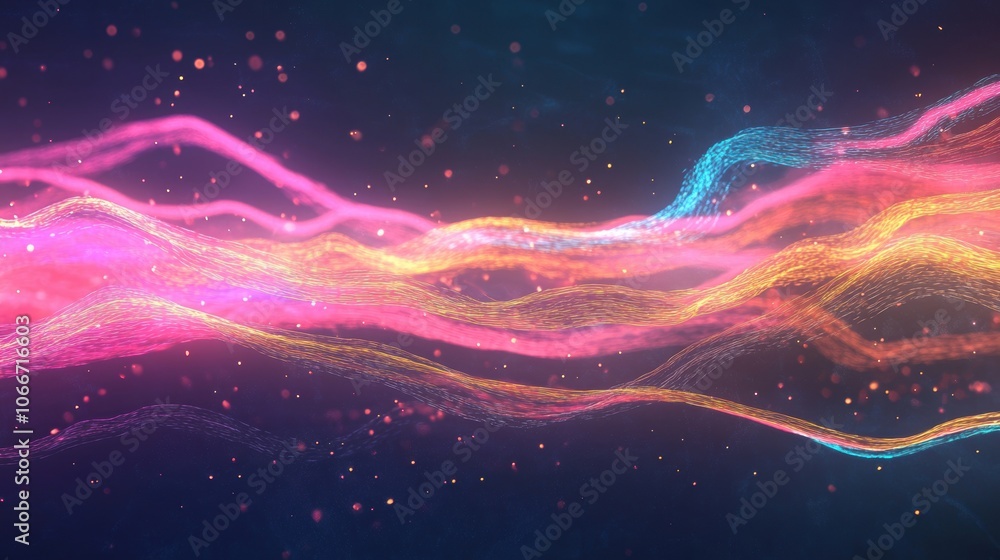 Poster bright waves of neon colors undulate gracefully on a dark background, creating a captivating visual 
