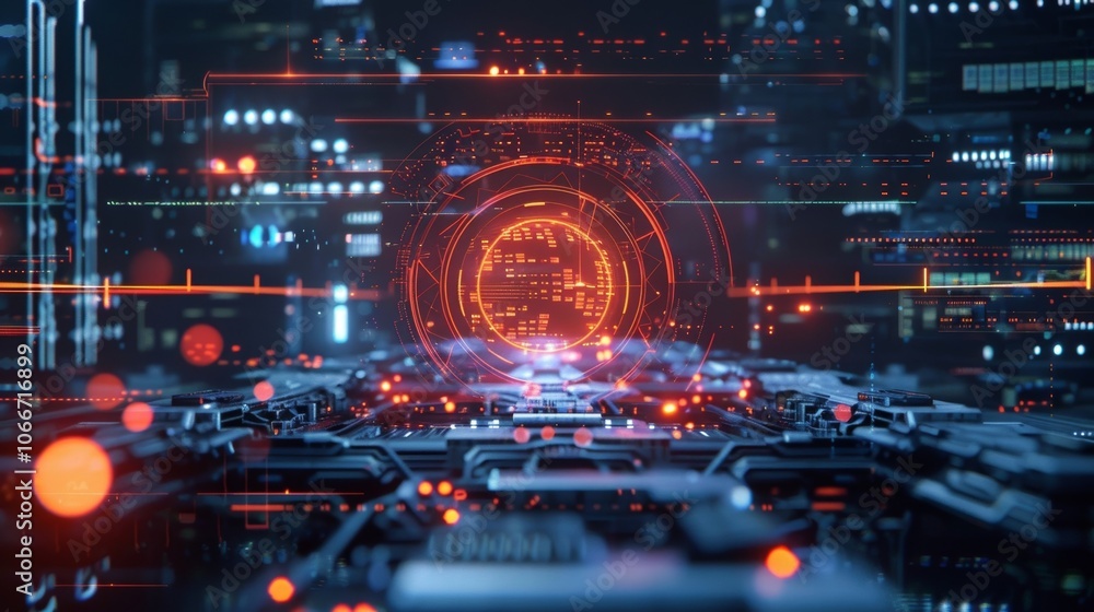 Poster complex electronic circuit board with glowing components and data streams, featuring a central holog