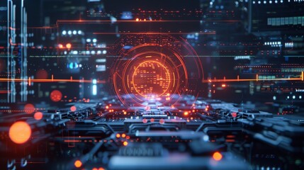 Complex electronic circuit board with glowing components and data streams, featuring a central holographic interface displaying code, representing advanced computing and future technology